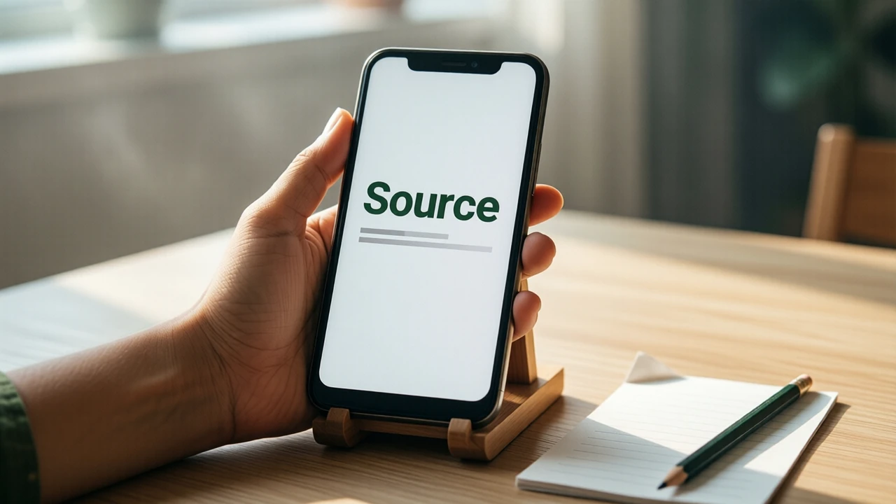 Close view of an Indian woman's hand holding an Android phone above a light wooden desk in soft morning light; the phone screen is plain white with the single word "Source" in large dark green type near the top and two short grey lines below it, a folded paper note with a pencil beside the phone