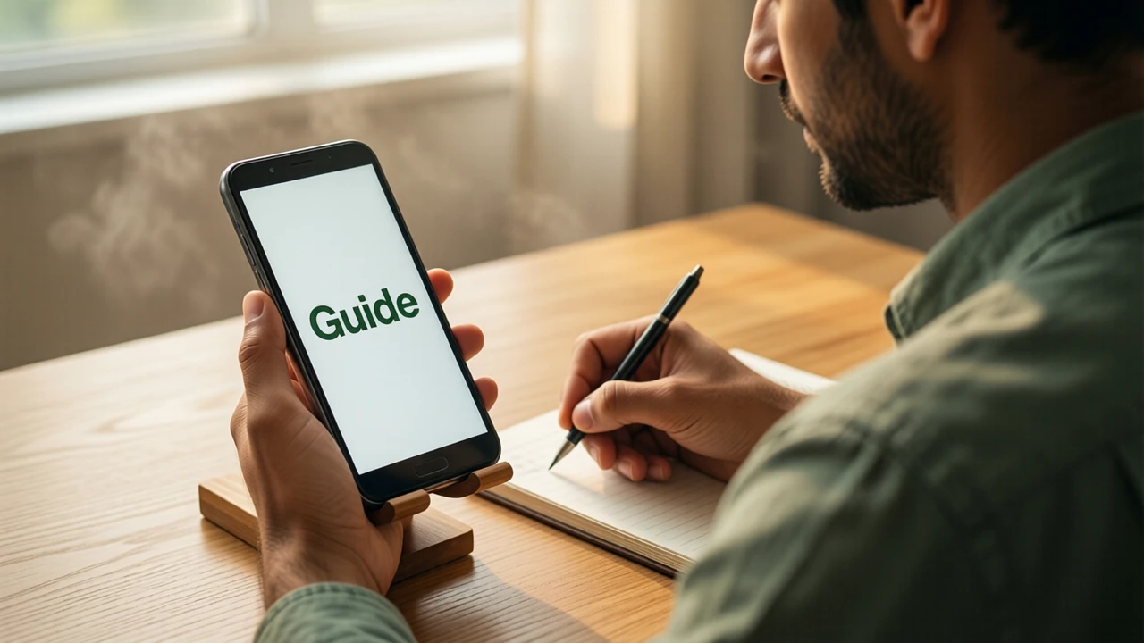 An Indian man in his thirties in a plain sage-green shirt sitting at a light wooden desk in soft morning light, seen from the side, holding an Android phone in one hand and writing in a paper notebook with the other; the phone screen is plain white with the single word "Guide" in large dark green type