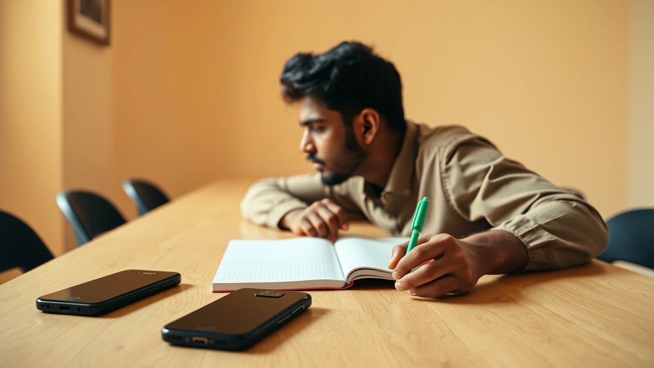 An Indian man in his thirties seen from the side at a long light wooden table in a bright room, two Android phones lying side by side in front of him, one lit and one dark, writing in a ruled paper notebook with a green pen, a pale wall behind him
