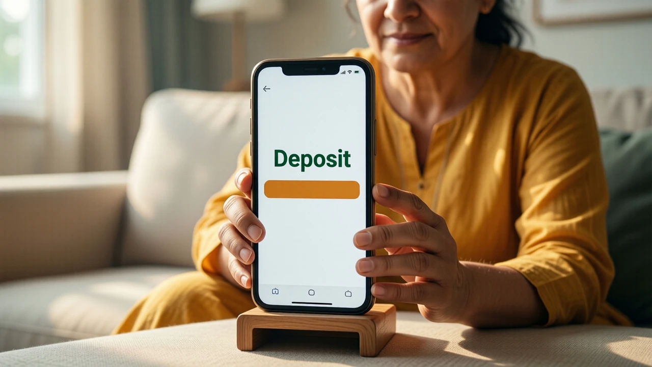 An Indian woman in her forties in a plain mustard cotton kurta sitting on a pale sofa in soft morning light, holding an Android phone at chest height and reading it calmly; the phone screen is plain white with the single word "Deposit" in large dark green type and one wide amber bar below it