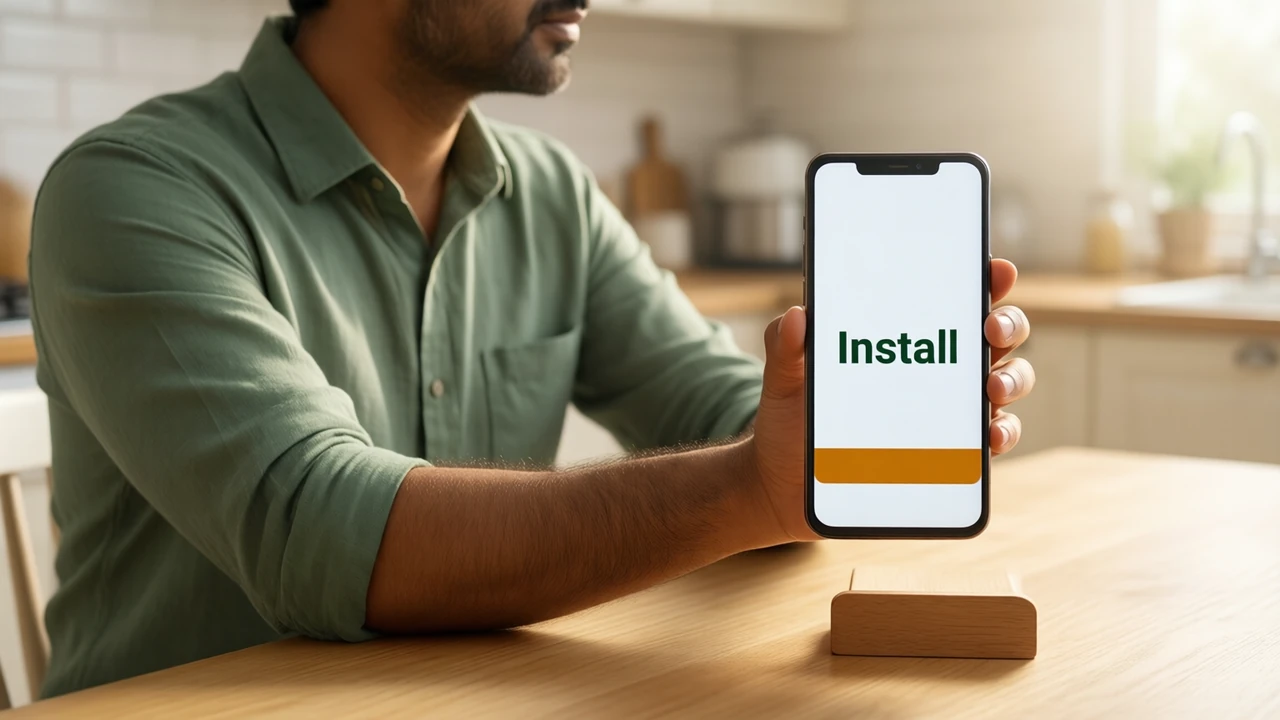 An Indian man in his thirties in a plain sage-green cotton shirt sitting at a light wooden kitchen table in soft morning light, seen from the side, holding an Android phone out toward us at arm's length; the phone screen is plain white with the single word "Install" in large dark green type and one wide amber bar below it, only one person and one hand in the picture