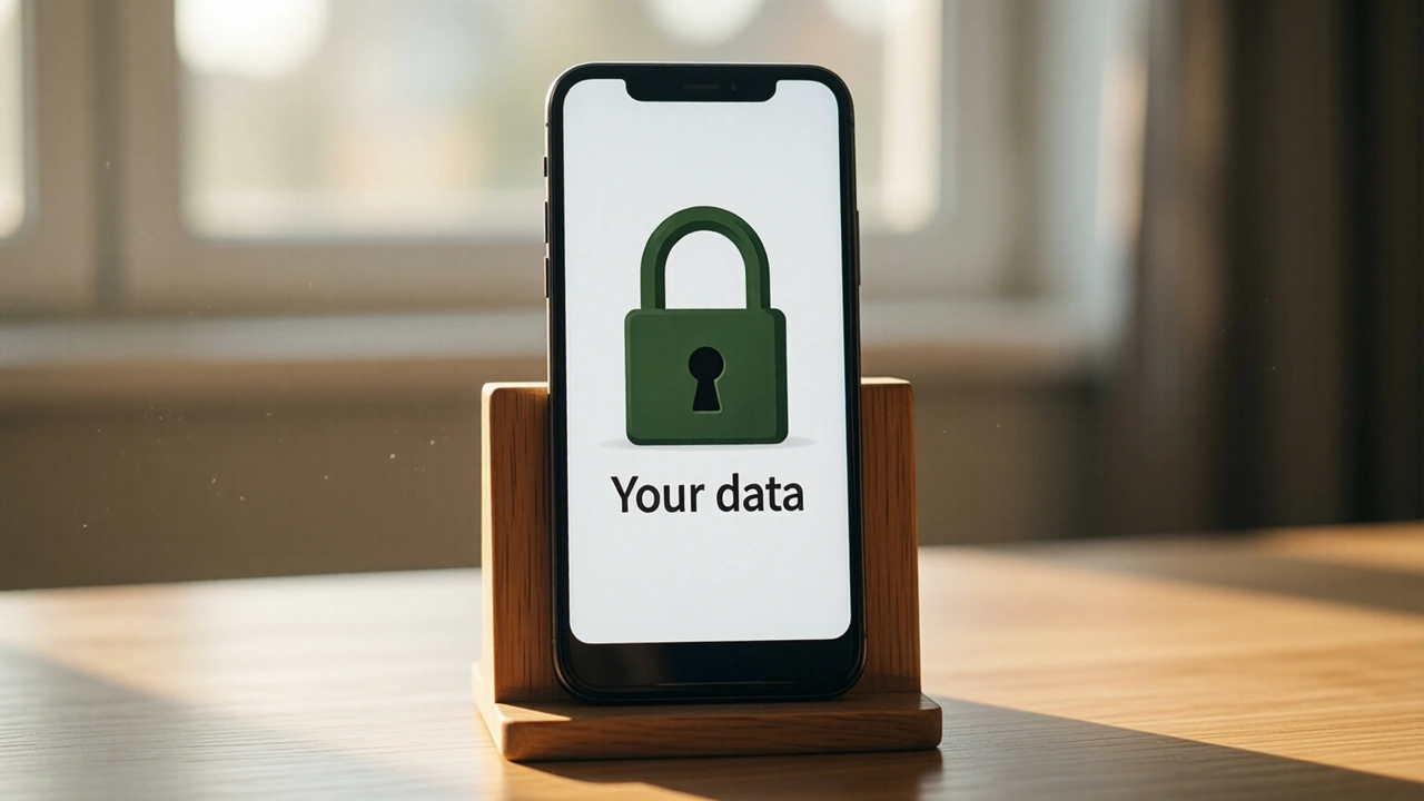 An Android phone standing upright in a simple wooden holder on a light desk in soft morning light; the whole phone screen is one flat white field from the top edge to the bottom edge with a large closed padlock drawn in dark green, shackle locked shut, and the two words "Your data" in dark type beneath it