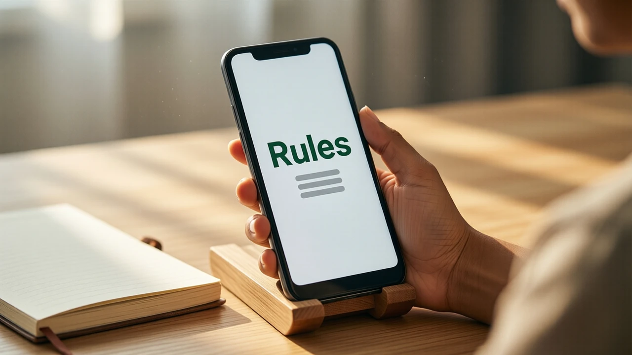 Close view of an Indian woman's hand holding a slim Android phone upright above a light wooden desk beside a closed paper notebook in soft morning light; the whole phone screen is one flat white field from the top edge to the bottom edge with the single word "Rules" in large dark green type and three short grey lines beneath it