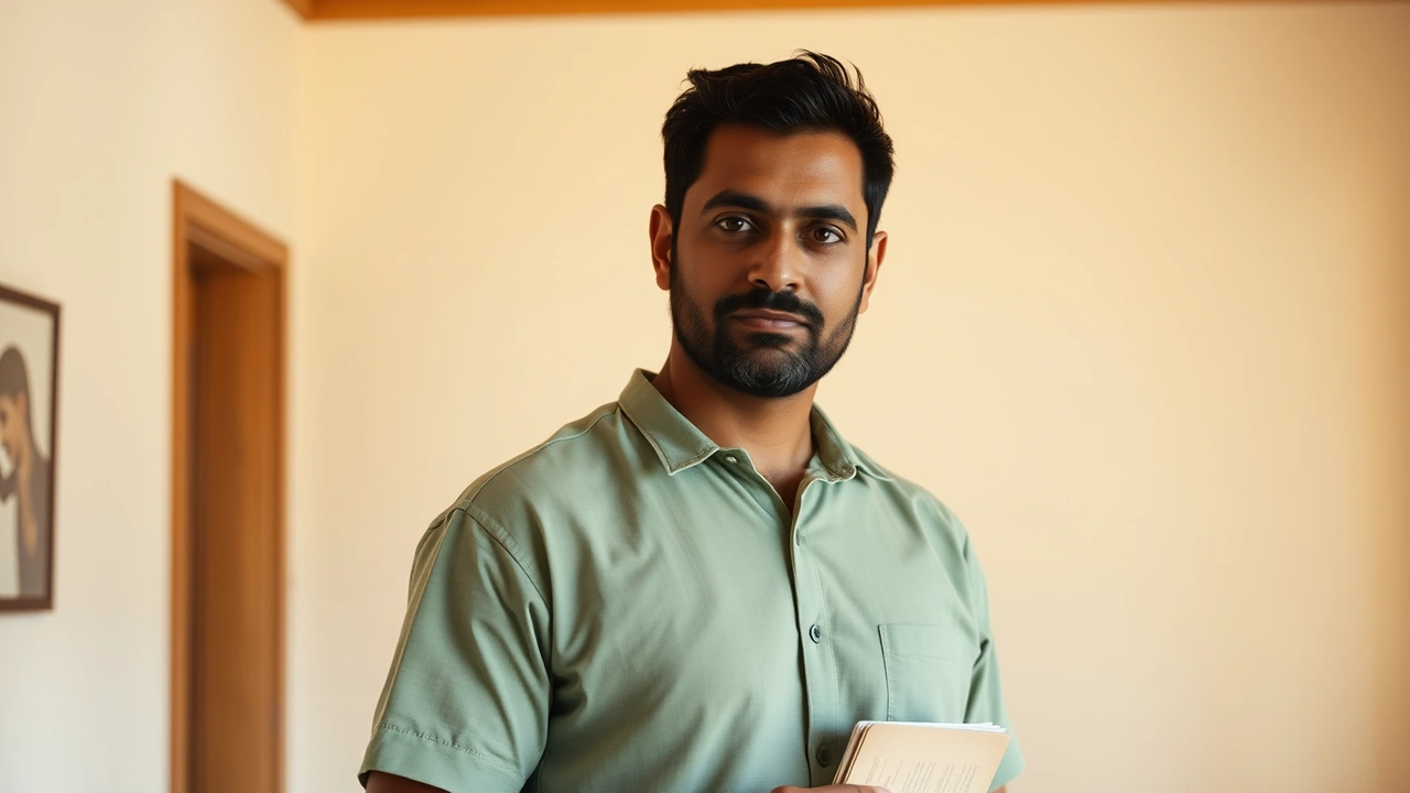 An Indian man in his late thirties with short dark hair and a trimmed beard, wearing a plain sage-green cotton shirt, standing in a bright room in soft morning light with a pale wall behind him, holding a closed paper notebook against his side, a calm direct look